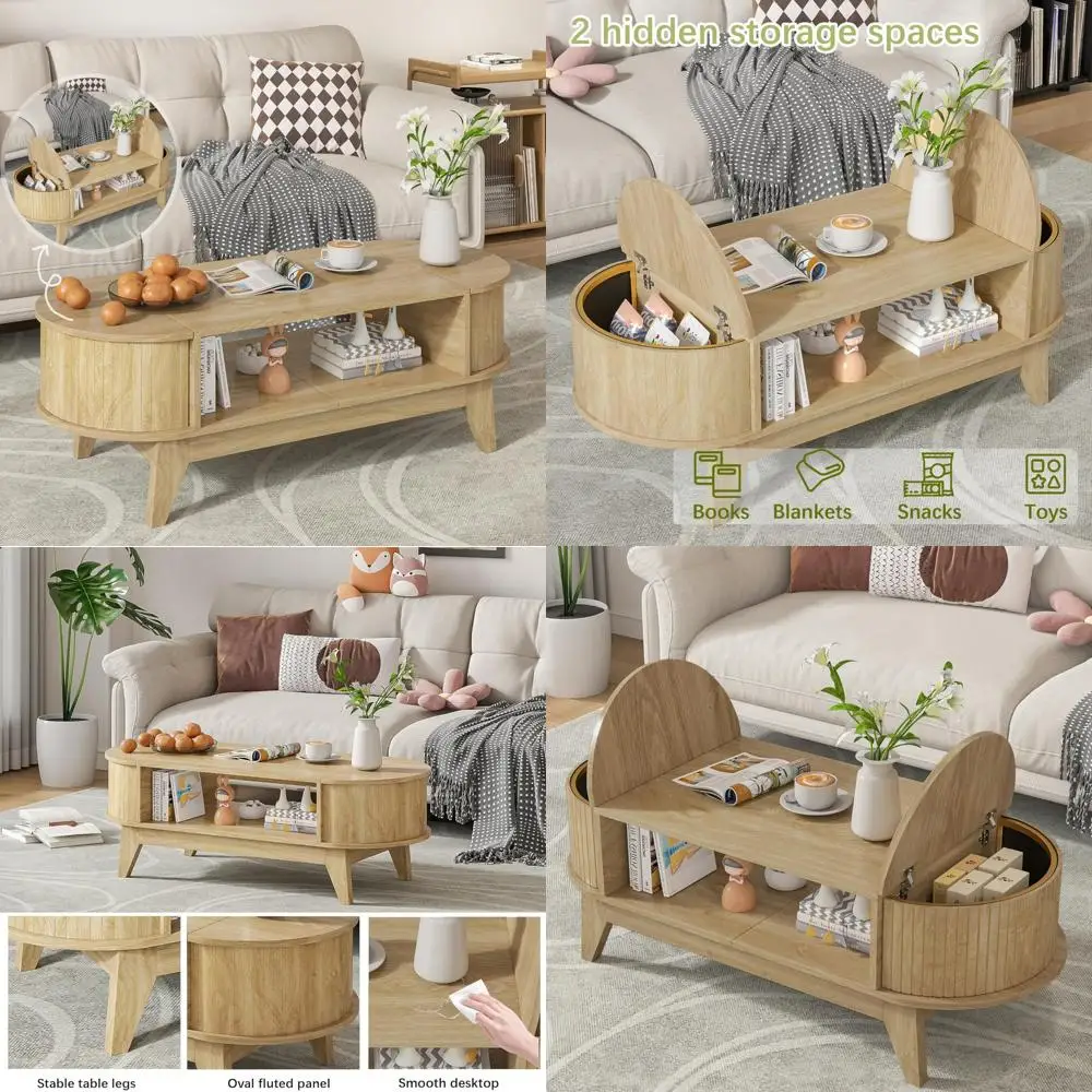 

Mid Century Modern Oval Coffee Table with 2 Hidden Storage Spaces and Fluted Wood Finish