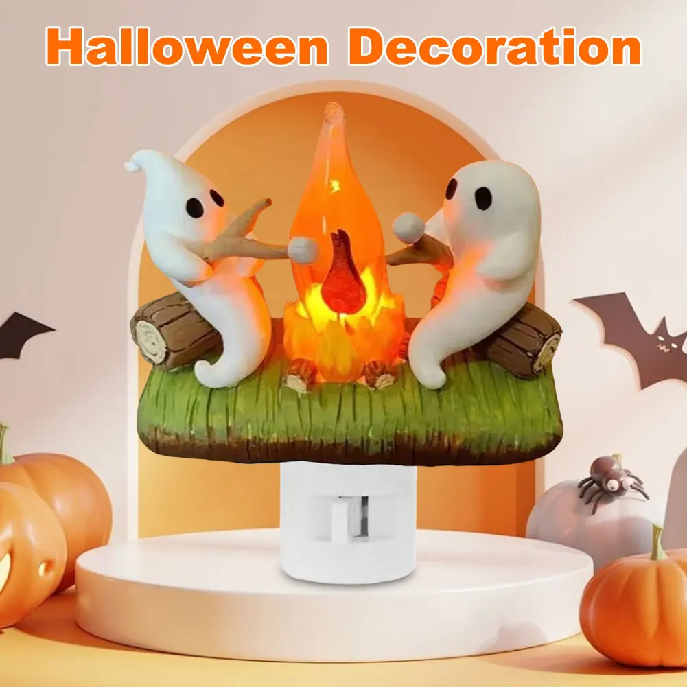 1-3PCS Halloween Decoration Ghost Campfire Flickering Nightlight 2 Ghosts Roasting Plug Wall Spooky Fire Marshmallow Night Light