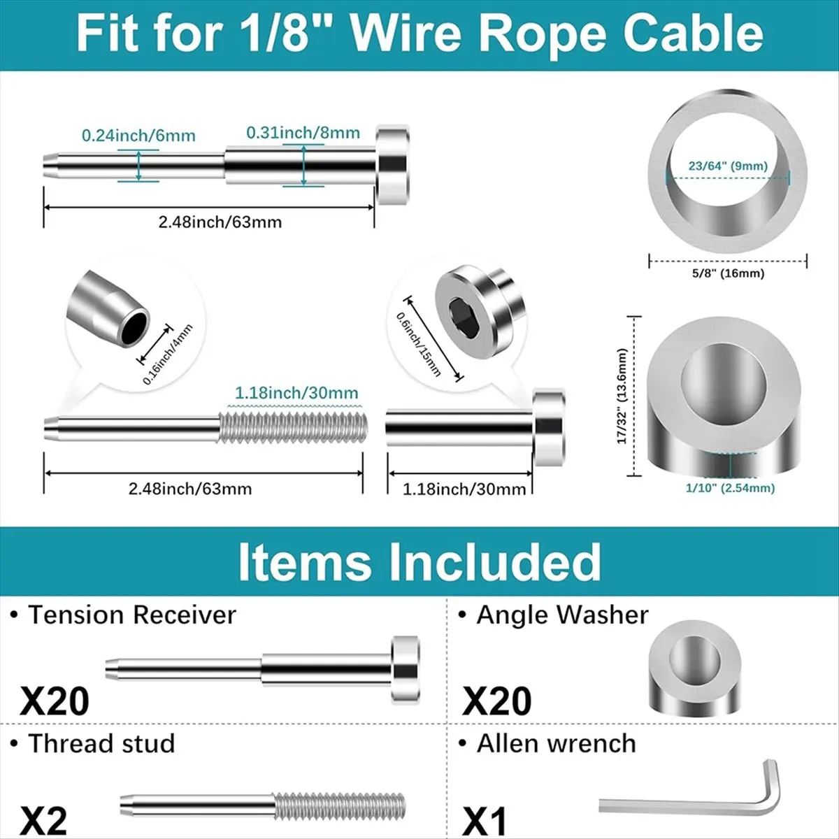 

2025+ Cable Railing Kits, T316 Stainless Steel 20Pack Terminal and 20Pack Beveled Angle Washers for Cable Railing