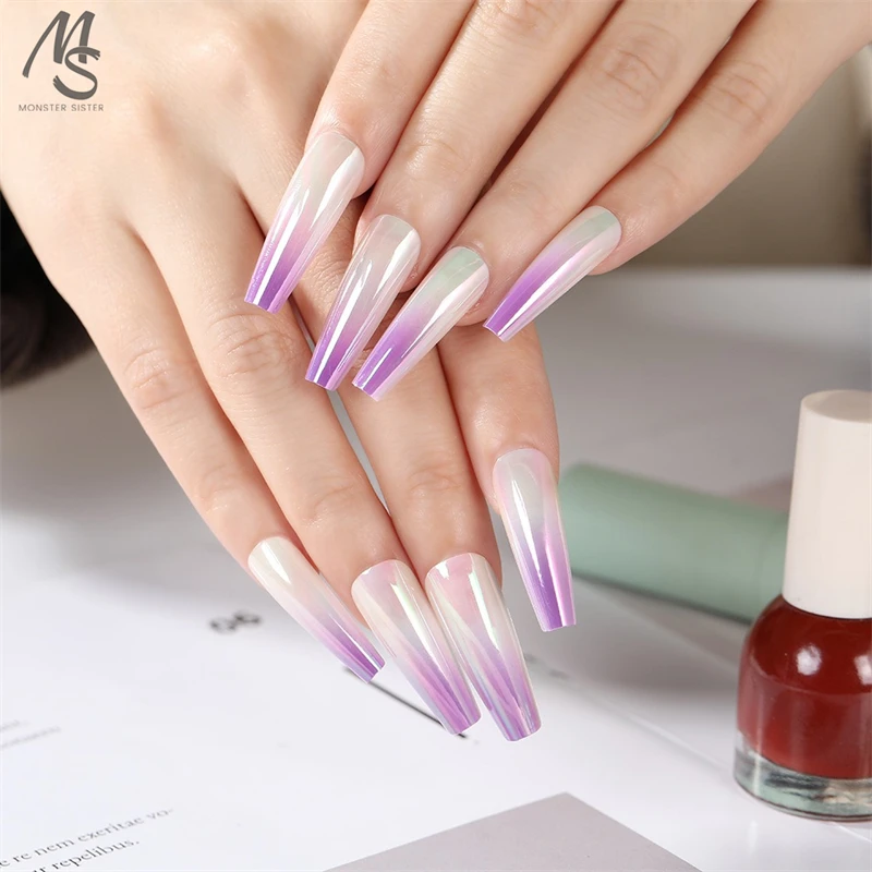 

24 Pieces Fake Pressed Nails False Nails Sweet Cool Babes Light Luxury Armor Style Gradient Purple Aurora Nail Tips Fake Nails