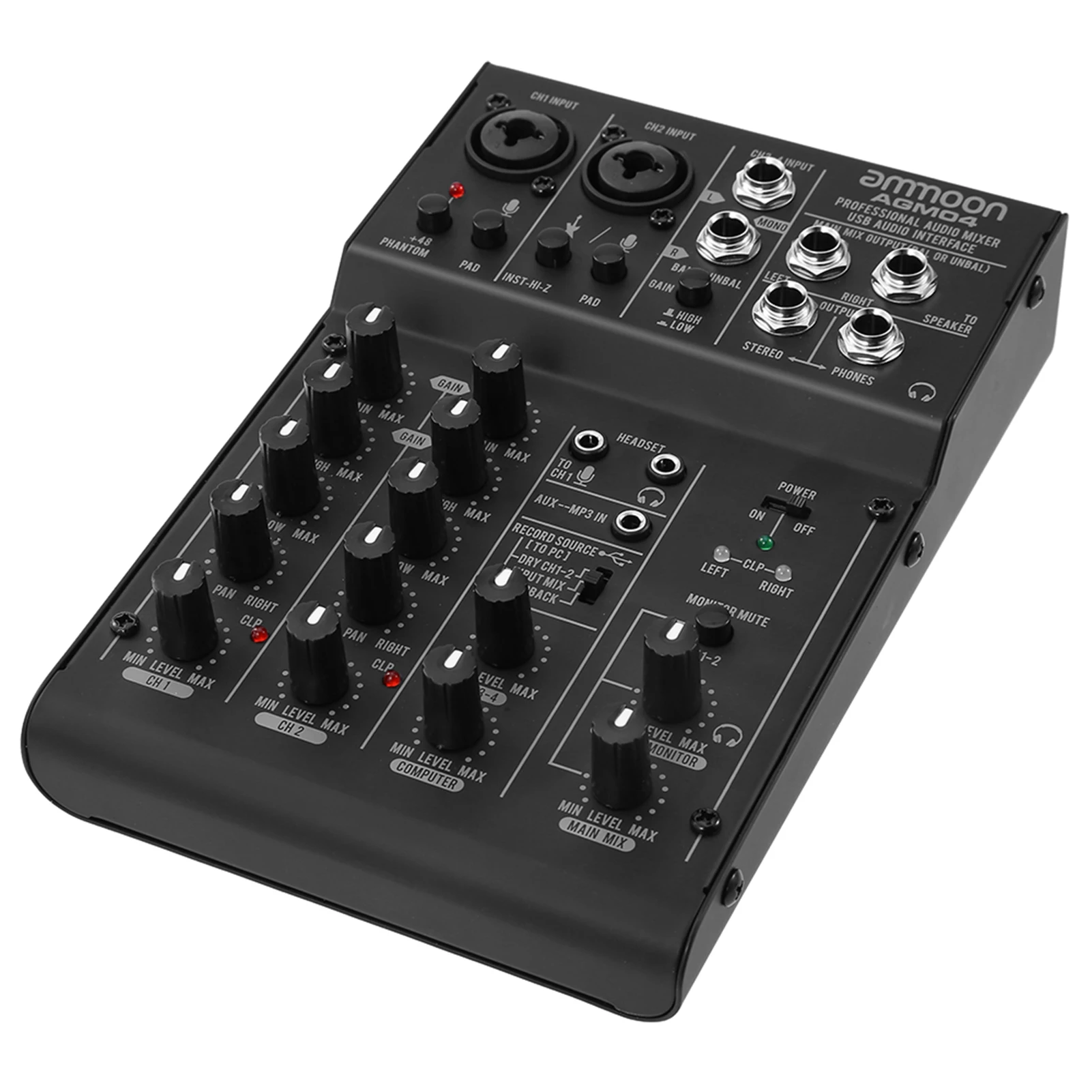 ammoon 4-Channel Mini Mixing Console Digital Audio Mixer 2-band EQ Built-in 48V Phantom Power 5V USB Powered for Studio AGM04