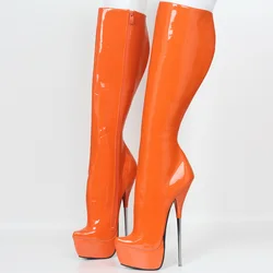 CACA 21cm Extremely High Metal Heel Women Knee Boots,Men Platforms Dance Shoes,Fetish Booties,Gothic Botas,Thick Botom,Orange