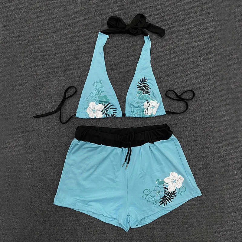 

Casual Aestheticism Seaside Holiday Sexy Women's Bikini Letter Print Contrast Shorts Suit Retro Spice Girl Backless Y2k Swimsuit