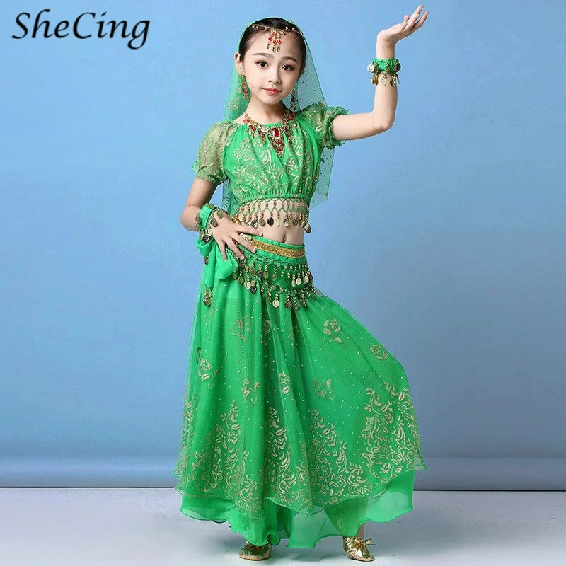 New Kids Indian Bollywood Belly Dance Top Skirt Costumes Set Girls Arabic Festival Halloween Cosplay Stage Dress UP Rave Outfit