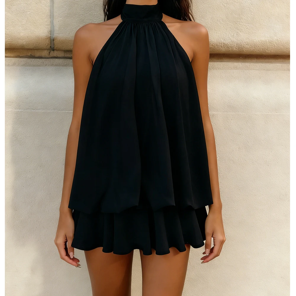 المرأة الصيف خمر مثير أكمام عارية الذراعين التعادل متابعة فستان قصير أنيق الشيفون الطبقات فلوي الخروج عطلة فساتين