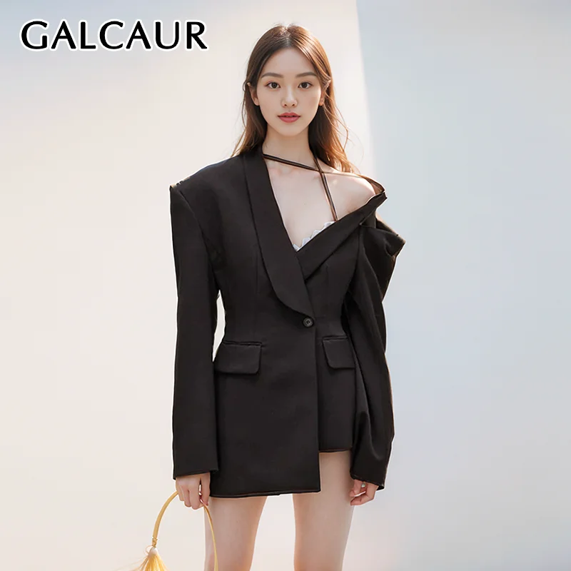 

GALCAUR Asymmetrical Blazers For Women Lapel Long Sleeve Off One Shoulder Solid Slim Spliced Pocket Blazer Female Fashion New