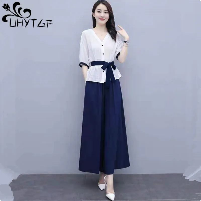 

UHYTGF 2023 New Wide Leg Pants Suit Women's Outfit White Top+ Pants Summer Two-Piece Set Female Casual Thin Tracksuit Ladies 371