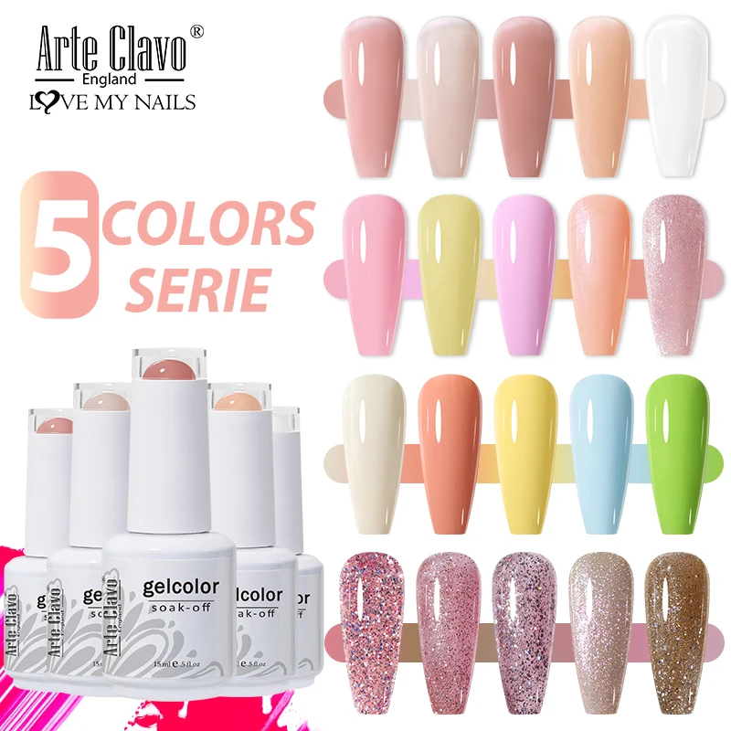 

Arte Clavo 5 Colors Serie Gel Varnish Kit Gel Soak Off UV Nail Gel Polish For Nail Art Set Top Coat 15ml Glass Bottle New 2022