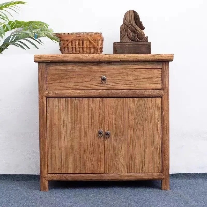 Rustic Elm Wood Sideboard Cabinet for Home Living Room Wall Mounted Storage Tea Cabinet with Aged Door Panel Weathered Wood
