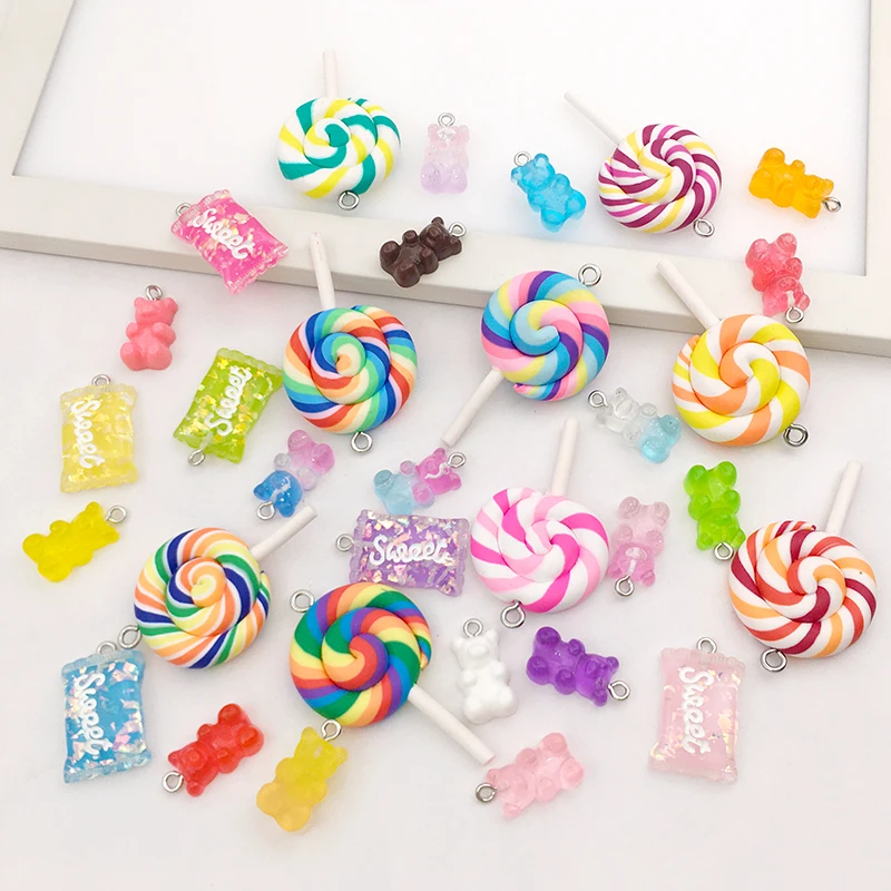 10pcs/lot Resin Colorful Pendant,Sweet Candy Gummy DIY Bear Lollipop Shape Polymer Clay Charms for Art Craft Jewelry Making