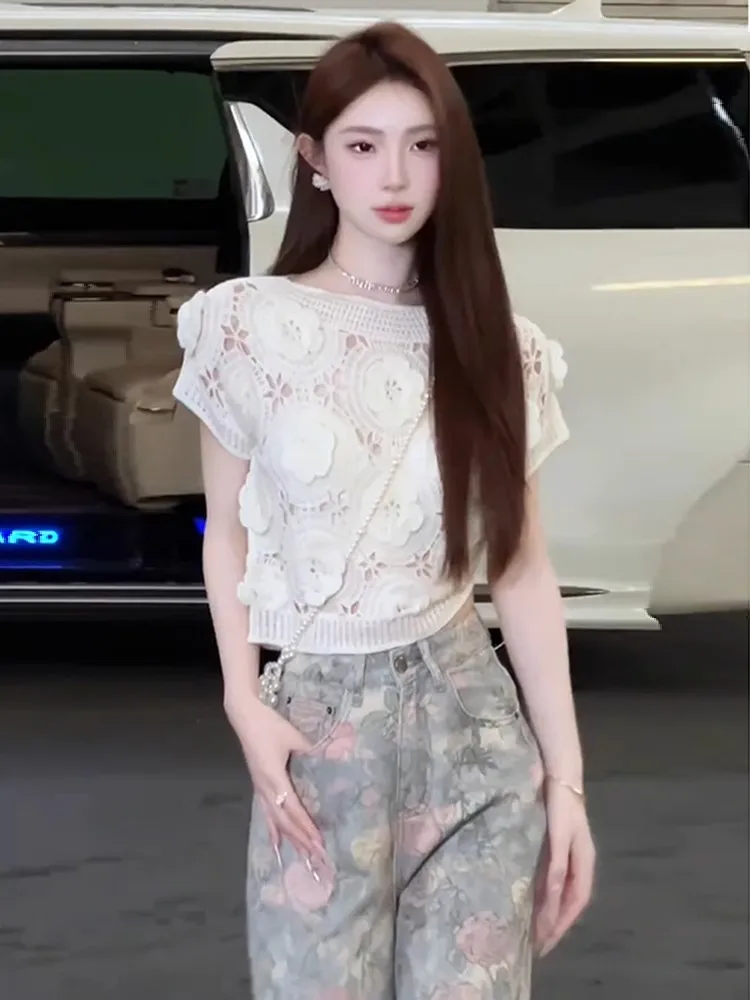 Summer Women's Hollow out Knitted Short Sleeve Top And Wide Leg Jeans Retro Fashion Two Piece Set Casual Sportswear Ensemble