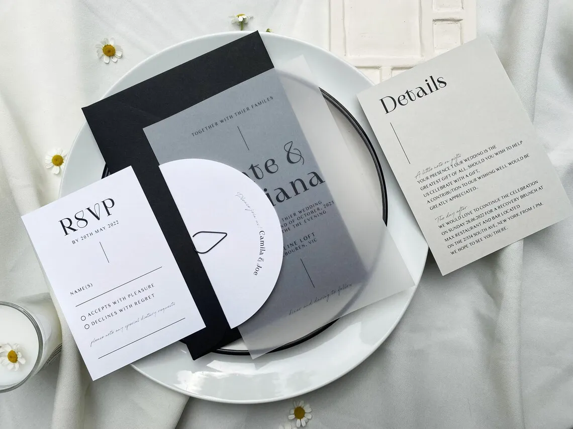 Modern Vellum Wedding Invitation Suite with Half Moon Guest Name Tag