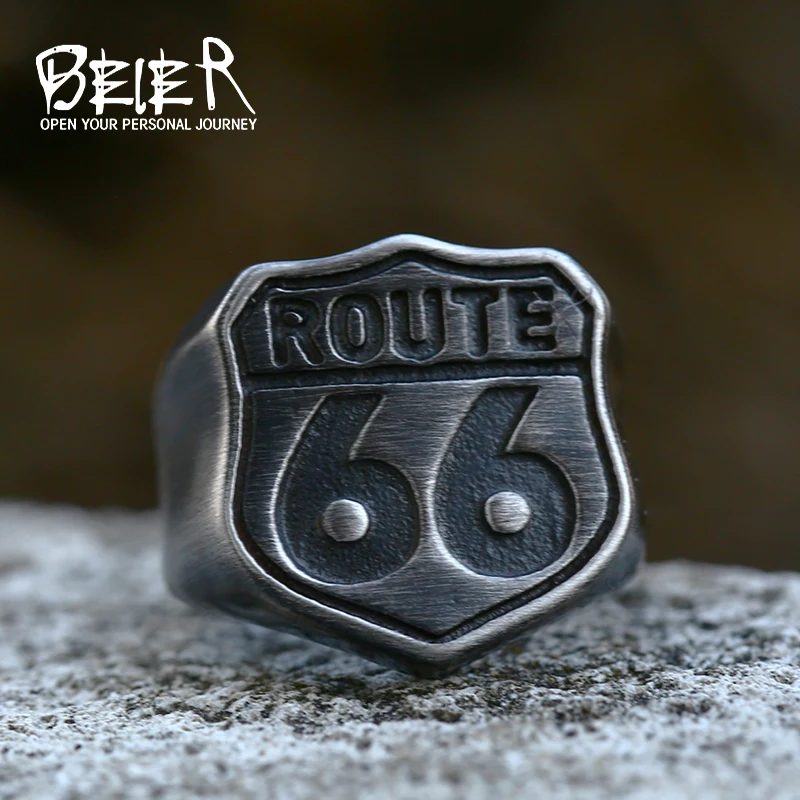 Beier New Store 316L Stainless Steel Ring High Quality USA Biker Road ROUTE 66 Ring For Men Motor Biker Men\'s Jewelry LLBR8-126R