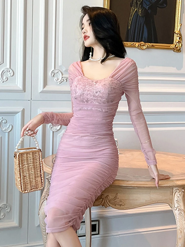 Robe Chic Rose à Manches sulfpour Femme, Vêtement de Bal Élégant et Sexy, Nouvelle Collection Printemps Automne