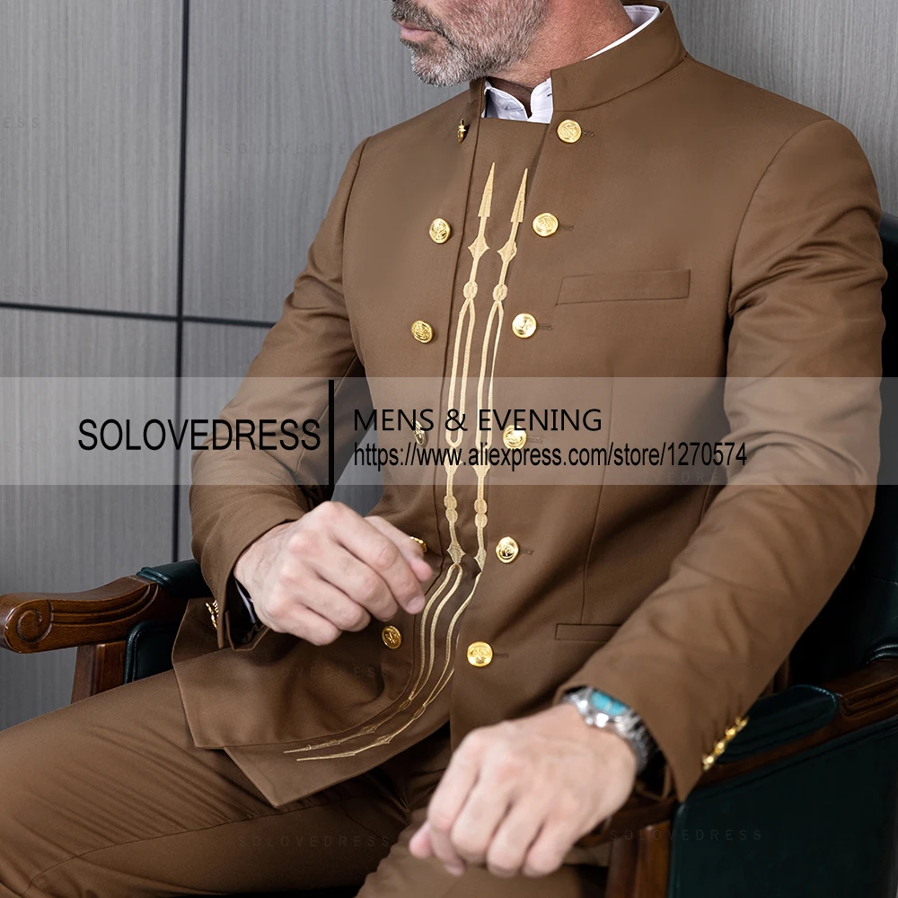 Stand Collar 2 Pieces Double Breasted With Sticker Embroidery  New Style  Wedding Business Suits Can Be Customize（Blazer+Pants）