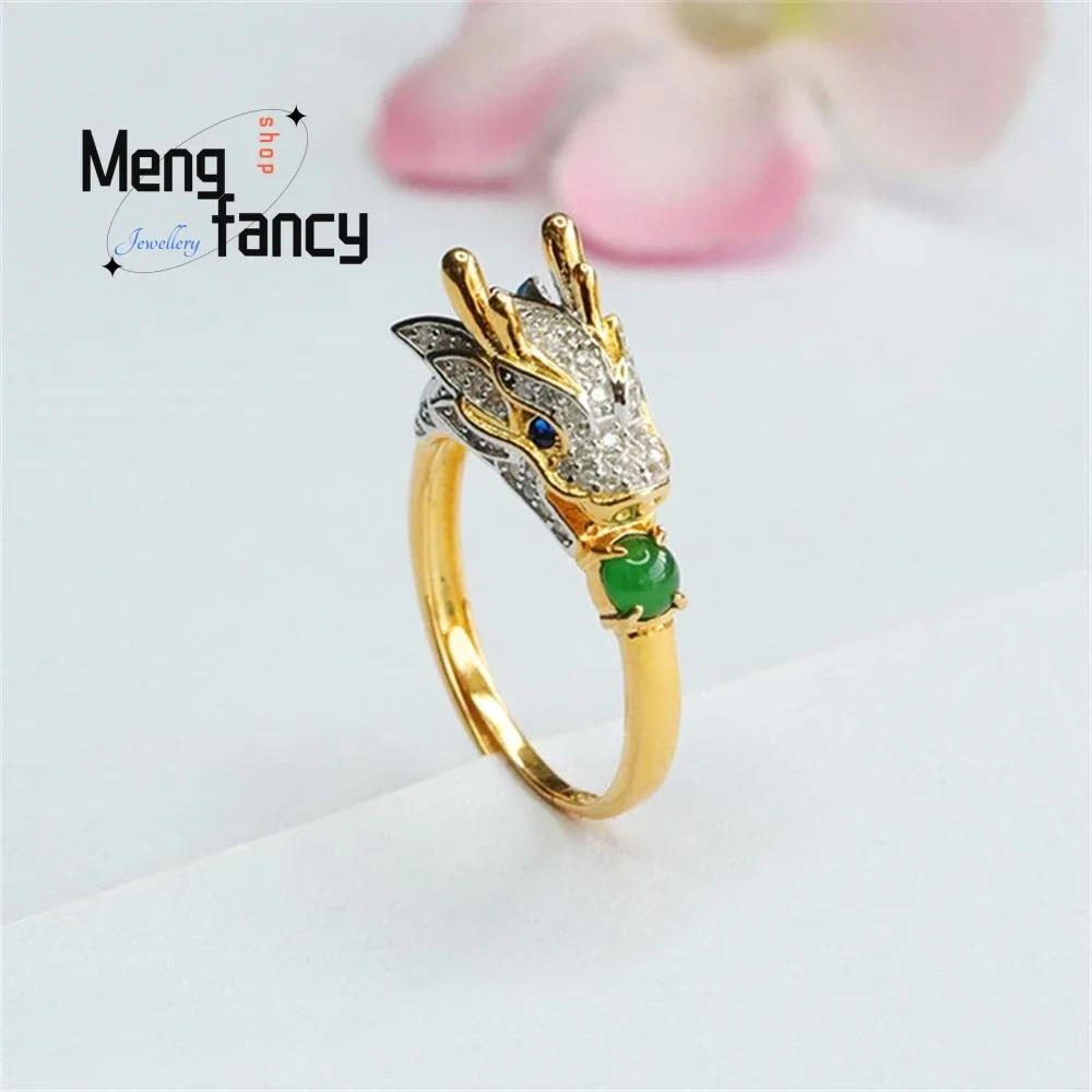 S925 Silver Lnlaid Natural Jadeite Ice Type Imperial Green Fortune Dragon Ring Exquisite High-grade Couple Fashion Fine Jewelry