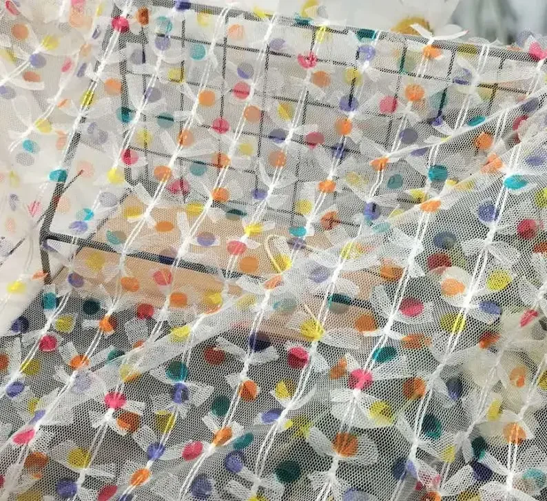Colorful Polka Dot Buttefly Lace Fabric Floral Embroidery Ivory Tulle fabric For Bridal Wedding Baby Dress Girl dress 1 Yard
