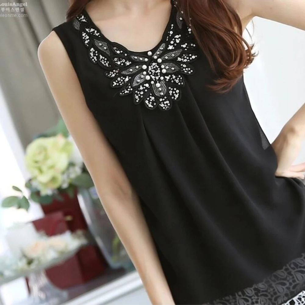 Women Blouse shirts Ladies Casual Sleeveless Sparkling diamond chiffon lace blouses Plus Size 4XL 5XL 6XL image 4