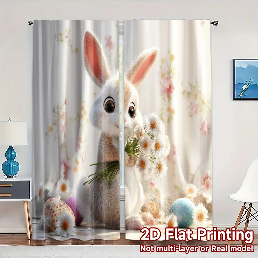 2 pièces, rideaux d'impression plate 2D (sans tige) lapin de pâques Bliss rideaux modernes à la mode rideaux en Polyester durables pour l'extérieur