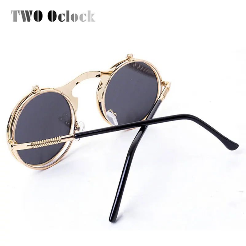 男性と女性のための2つのオクロックヴィンテージスチームパンクゴーグルラウンドサングラス,レトロなダブルフリップパンクサングラス,近視メガネ