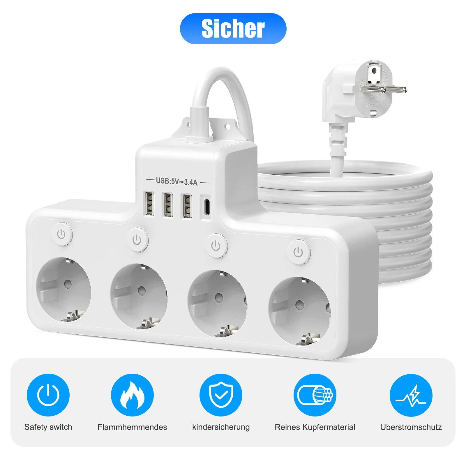 

Удлинитель 2 м, розетка, удлинитель с вилкой европейского стандарта, зарядное устройство 3USB A и Type C, множественная розетка, защита от перенапряжения для дома