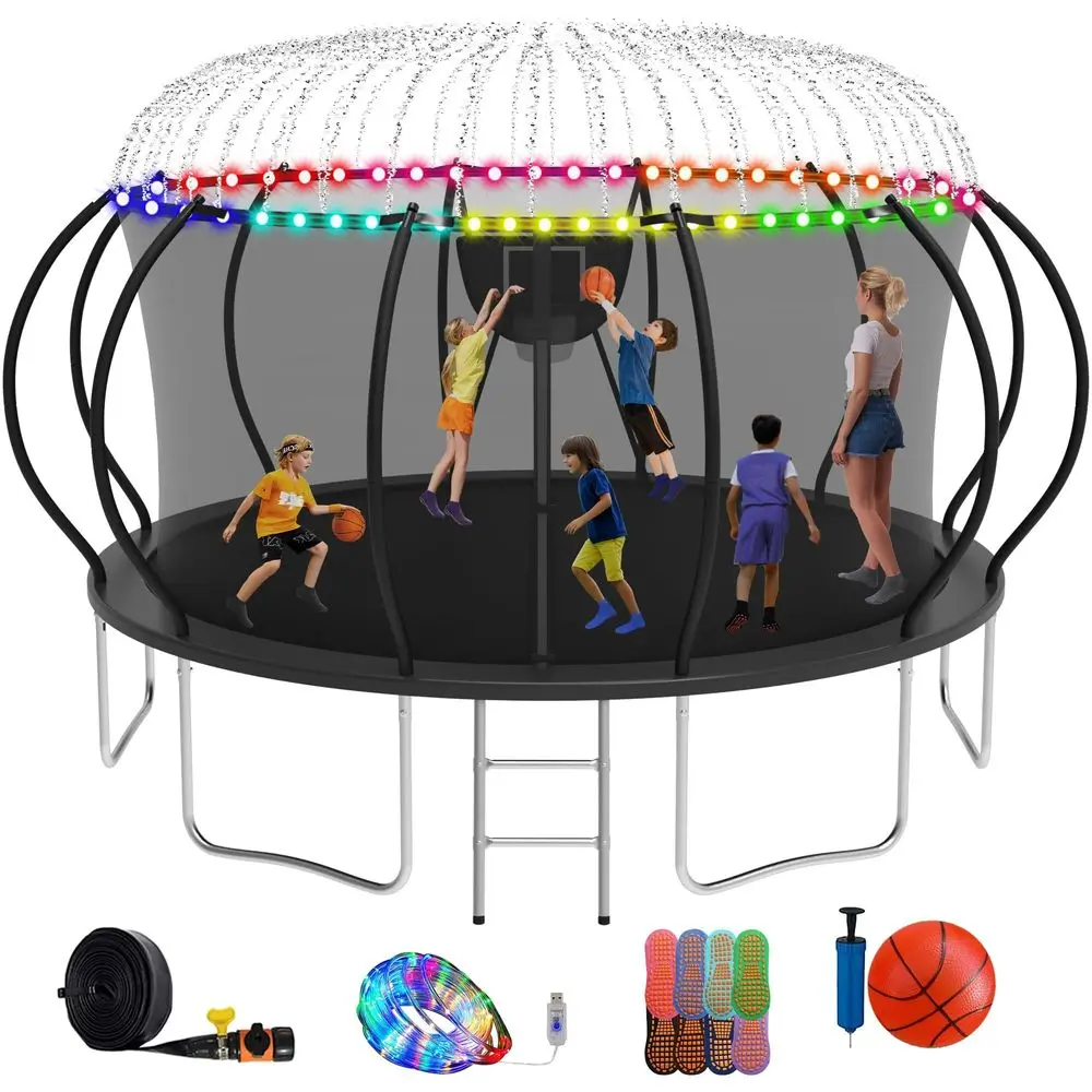 

Outdoor Trampoline, 16FT 14FT 12FT Trampolines with LightSprinkler Socks, Enclosure, Ladder, Curved Poles Recreational Trampoli