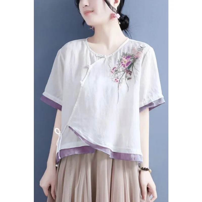 

Cotton Linen Button Embroidery Slant Collar Shirt Women's Mid Sleeve Summer New Retro Ethnic Style Top