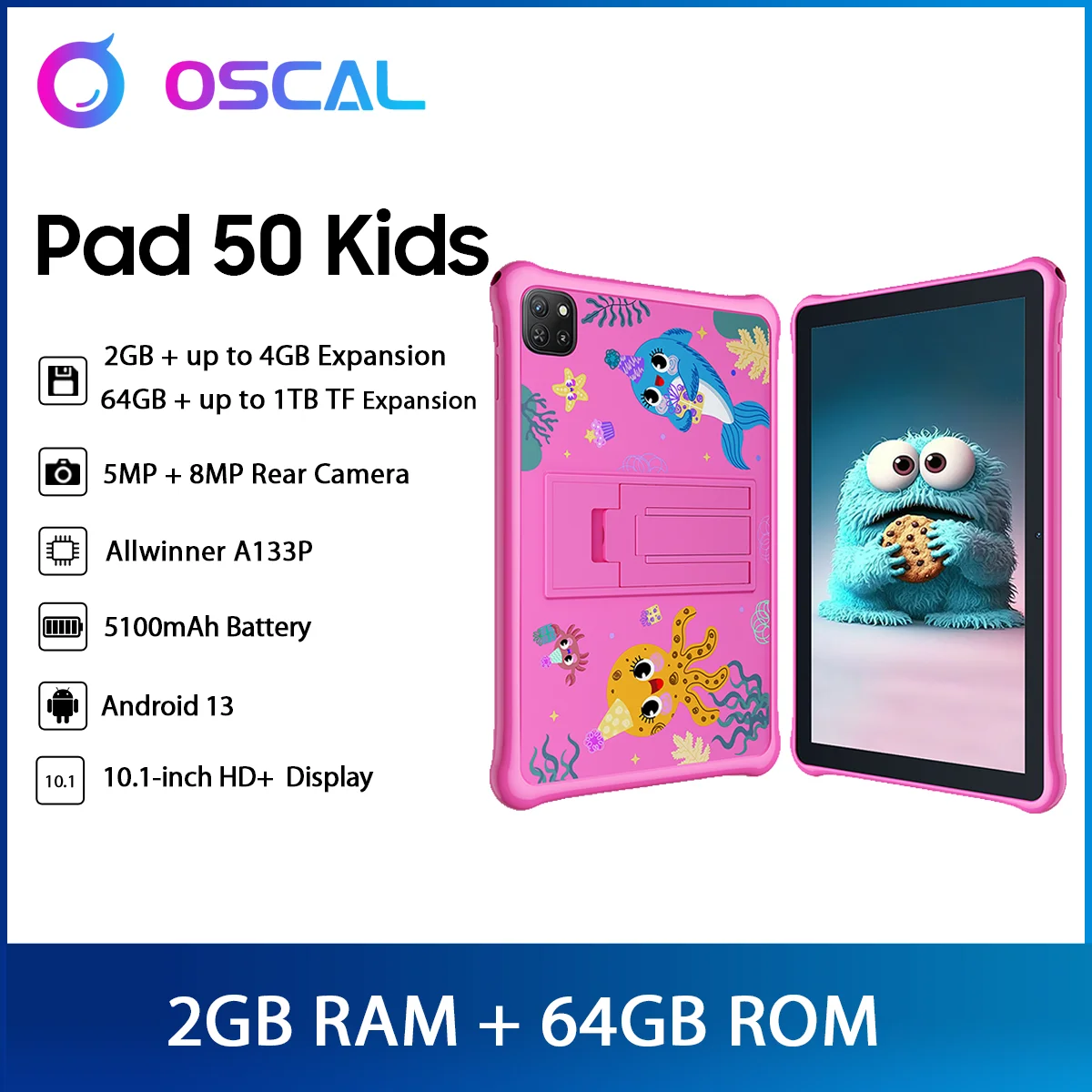 OSCAL 패드 어린이 태블릿 PC, 10.1 인치 HD 디스플레이, 2GB 64GB 5100mAh 배터리, A133P 쿼드 코어 듀얼 스피커, 안드로이드 13 와이파이 태블릿 50 개