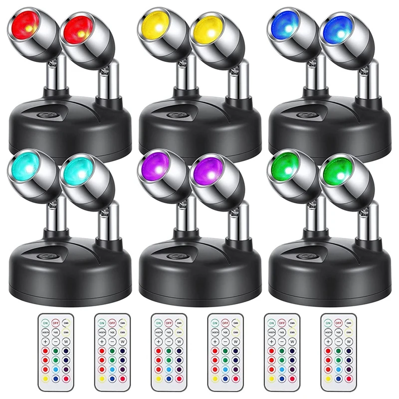 6Pcs 13 Color Battery Operated Spotlights Indoor Dual Head Wireless LED Spotlight RGB LED Accent Lights With Remote