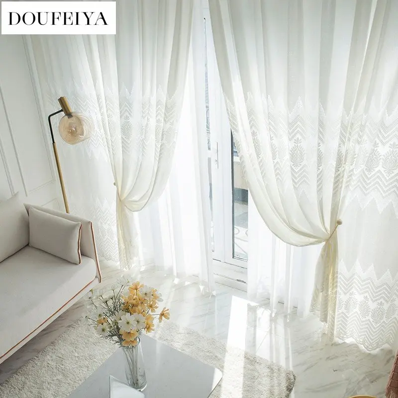 

Creamy white window screen hollow jacquard curtain solid color embroidery gauze curtain semi-shading living room balcony