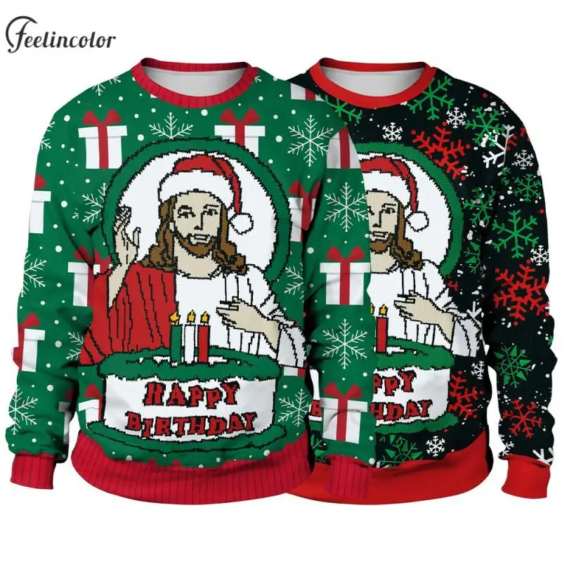 

Jesus Happy Birthday Ugly Christmas Sweatshirt Red Green Pullover Autumn Winter Long Sleeve Hoodies Unisex Clothes Couple Gifts