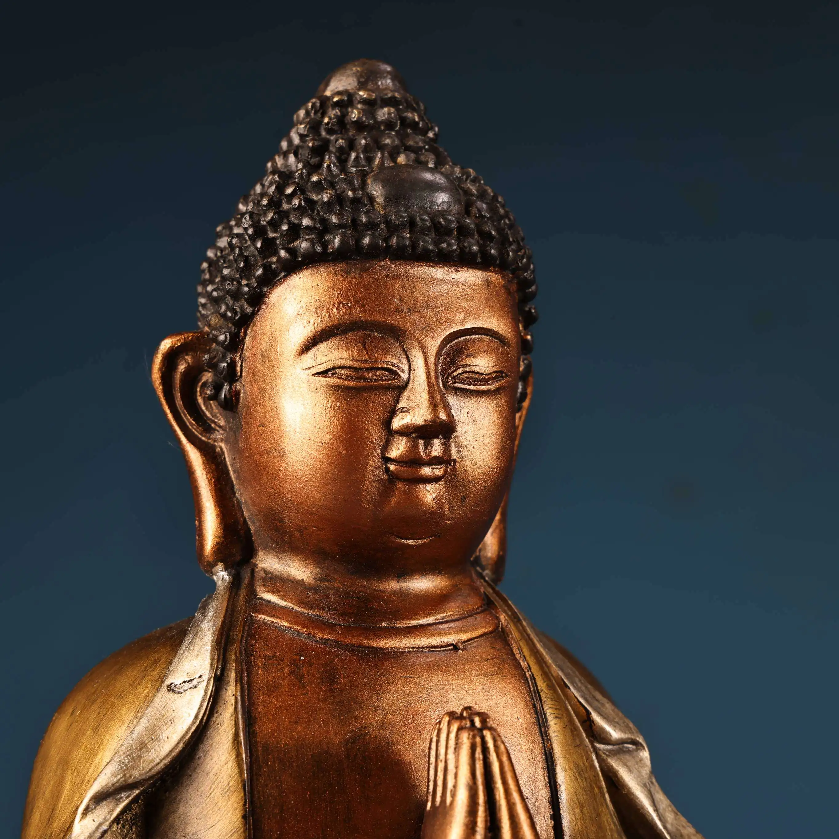 Vairocana Buddha Statue Vintage Bronze Painted Gold Silver Serene Face Heavy Patina Fine Craftsmanship Home Decor