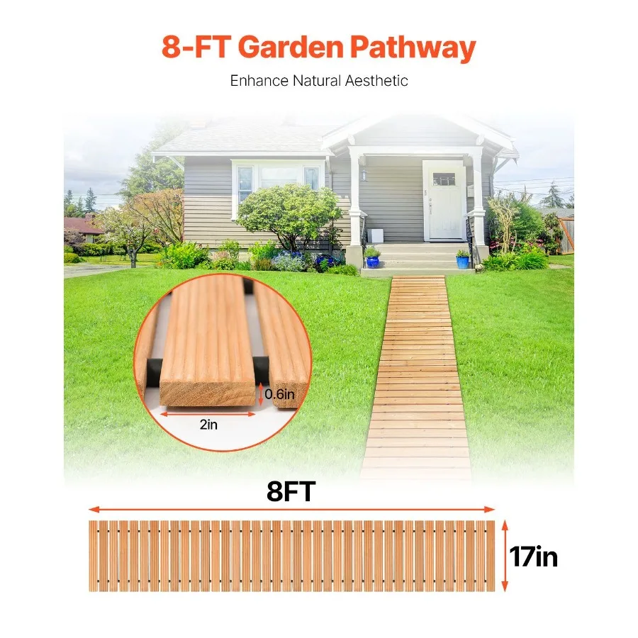 Wooden Garden Pathway 8 ft L x 17 in W Non-Slip Straight Roll Out Cedar Outdoor Walkway with Wire Rope Connection Decorative Ga