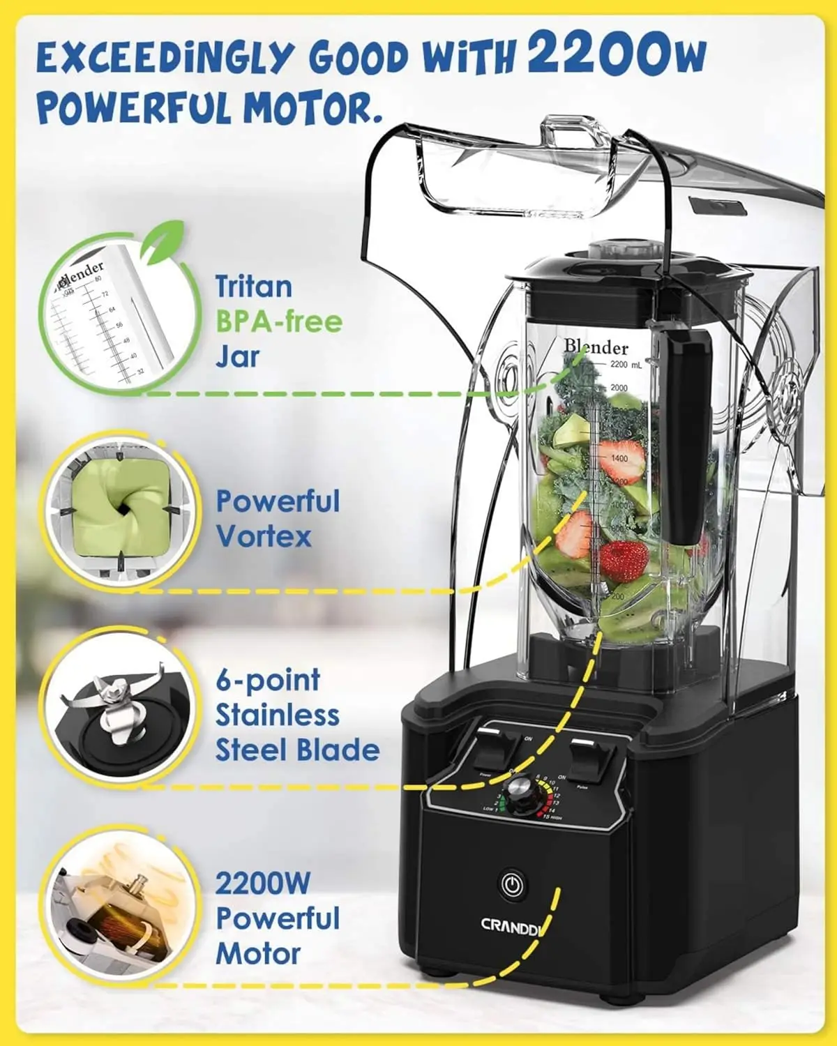 Commercial Quiet Blender, 2200 Watt Professional  Blender with BPA-FREE 80oz Pitcher, Built-in Pulse & 15-spee