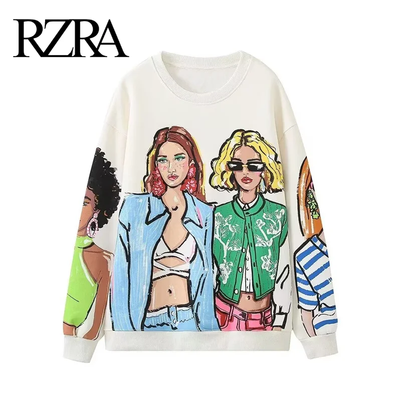 RZRA women's clothing 2024 autumn and winter new girls pattern printing loose round neck long sleeve sweater all-match