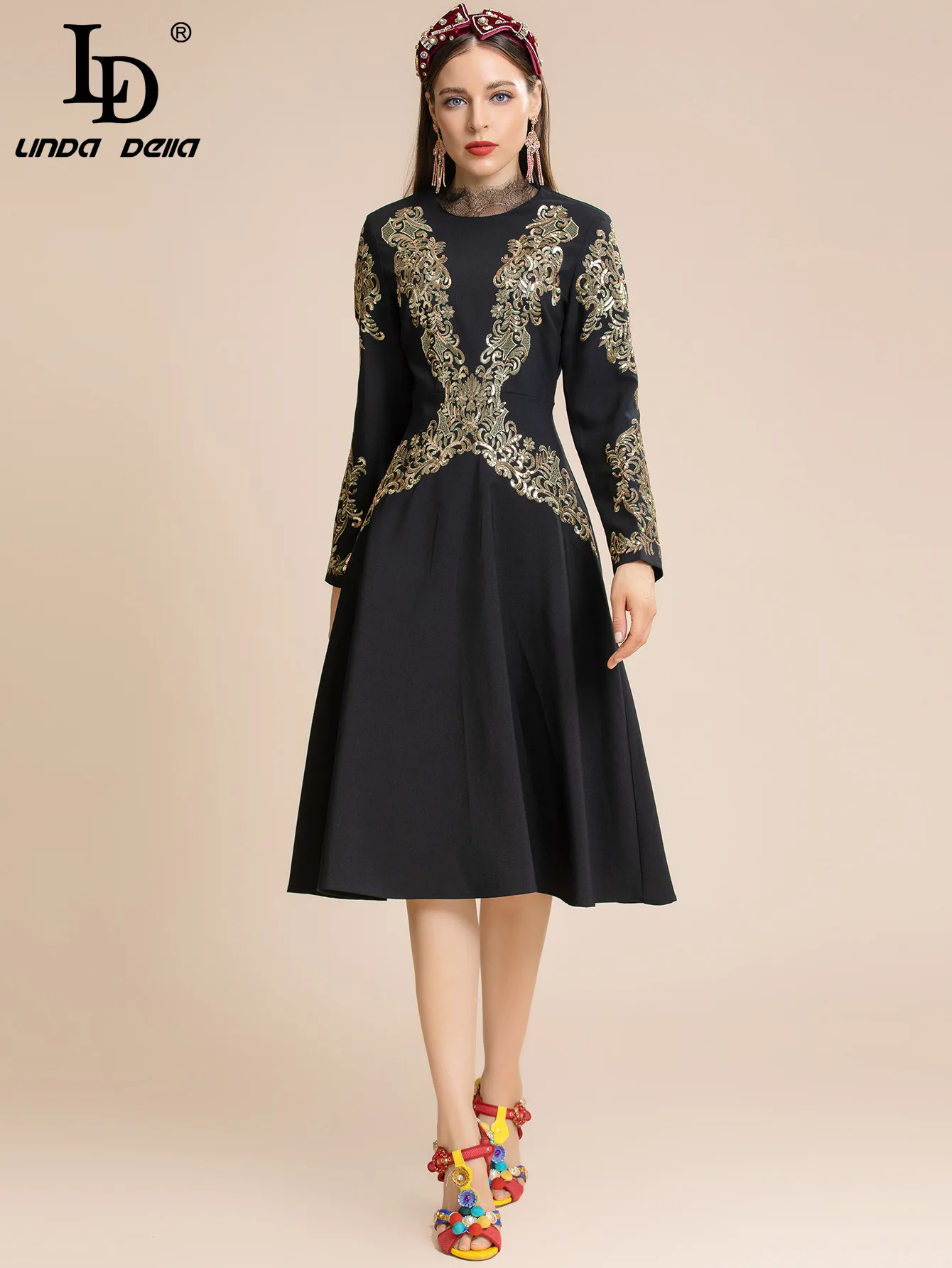 LD LINDA DELLA Fashion Runway Autumn Dress Women Long sleeve Luxury Gold Glitter Embroidery Balck Midi Party Dress Vestidos