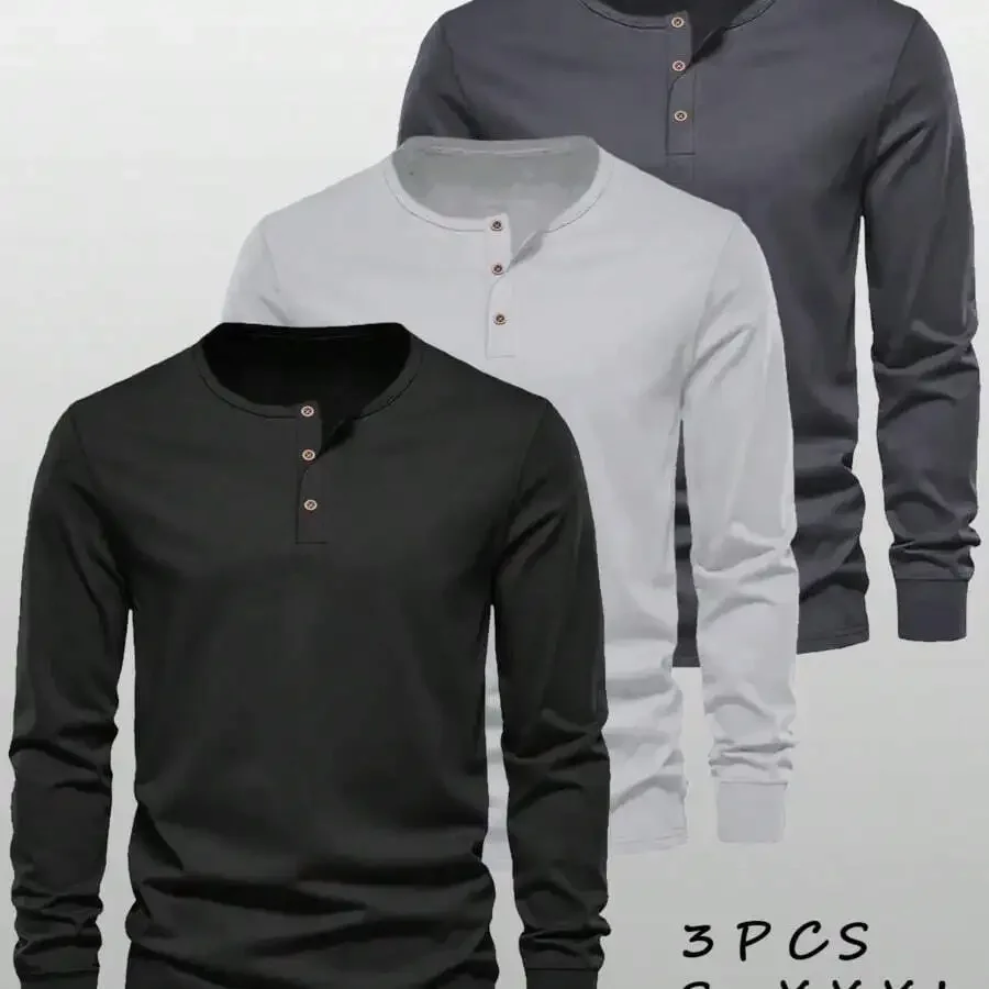 

3 Pcs Mens Solid Color Long Sleeve Henley Shirts Casual All Season