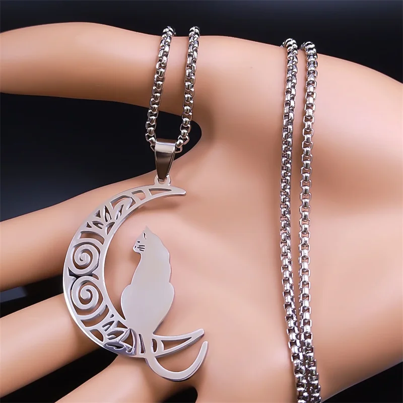 

Moon Cat Pendant Necklace for Women Men Stainless Steel Crescent Kitty Lucky Chain Necklaces Aesthetic Jewelry acero inoxidable