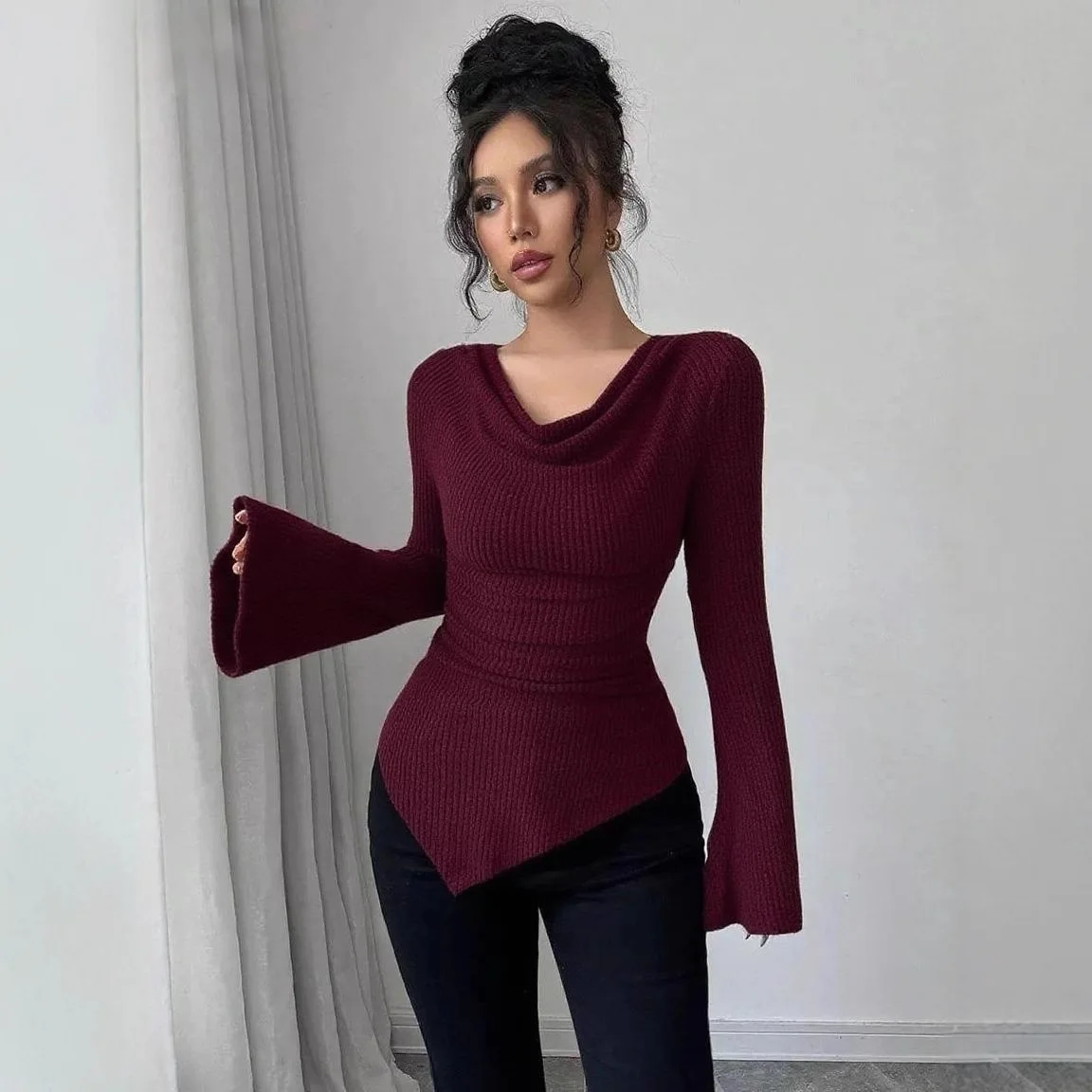 

Elegant Woman's Top Autumn Winter Slim Soft Bell Sleeves One-piece Collar Pullover Fashion Y2k Irregular Hem Female Knitted Tops