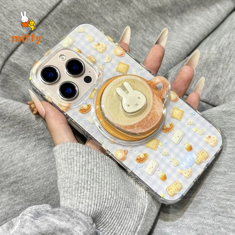 Kawaii Miffy الهاتف قذيفة مناسبة آيفون 17 16 15 14 الإبداعية القهوة المغناطيسي حامل متقلب مكافحة قطرة جراب هاتف Gifr هدية