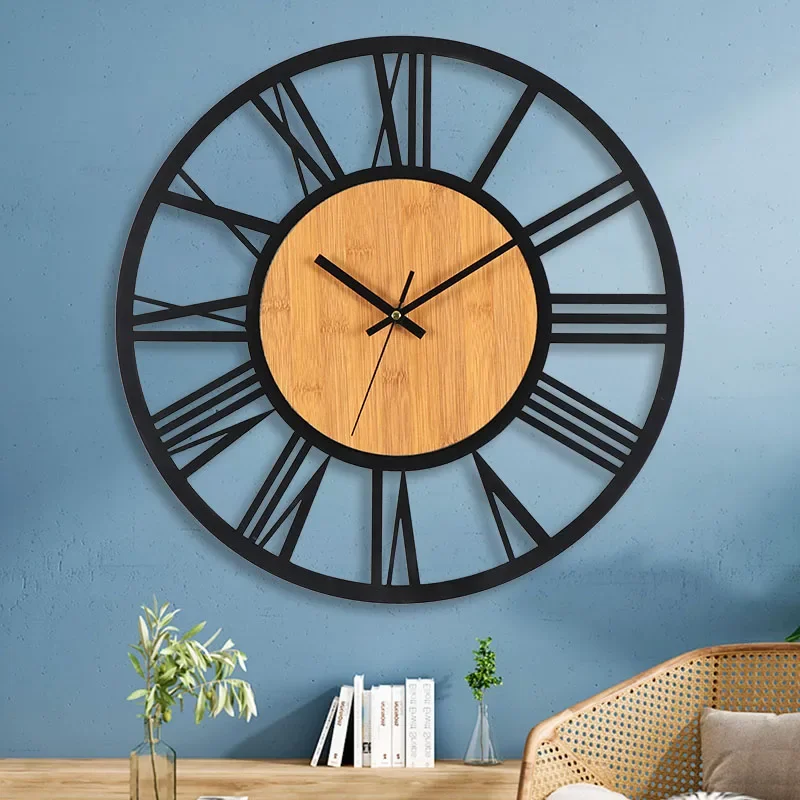 3D Large Wall Clocks Nordic Roman Numerals Retro Round Wood Metal Iron Accurate Silent Hanging Ornament Living Room Decoration