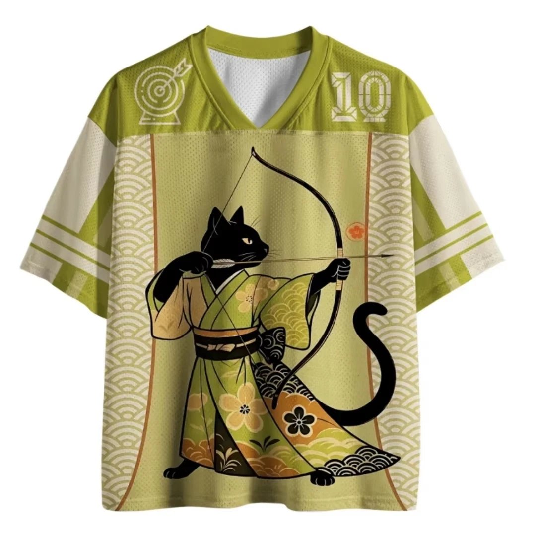 3D Printed Japanese Archery Black Cat Kimono Archery Pattern T-shirt with Green and Beige Splicing Retro Street Style Top