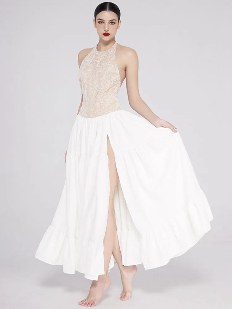 

Mozision Elegant Lace Patchwork Sexy Maxi Dress Women Fashion O Neck Sleeveless Backless Thigh High Split A-line Long Dress