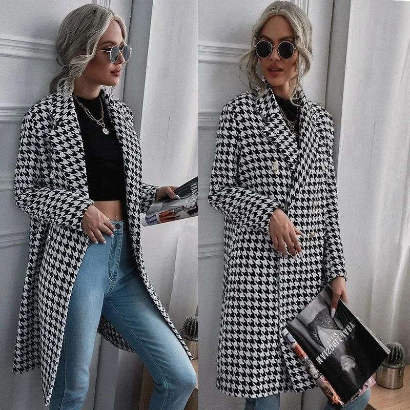 Autunno inverno donna giacca di lana pied de poule elegante moda Plaid manica lunga bavero bottone cappotto allentato Trench giacca a vento Outwear