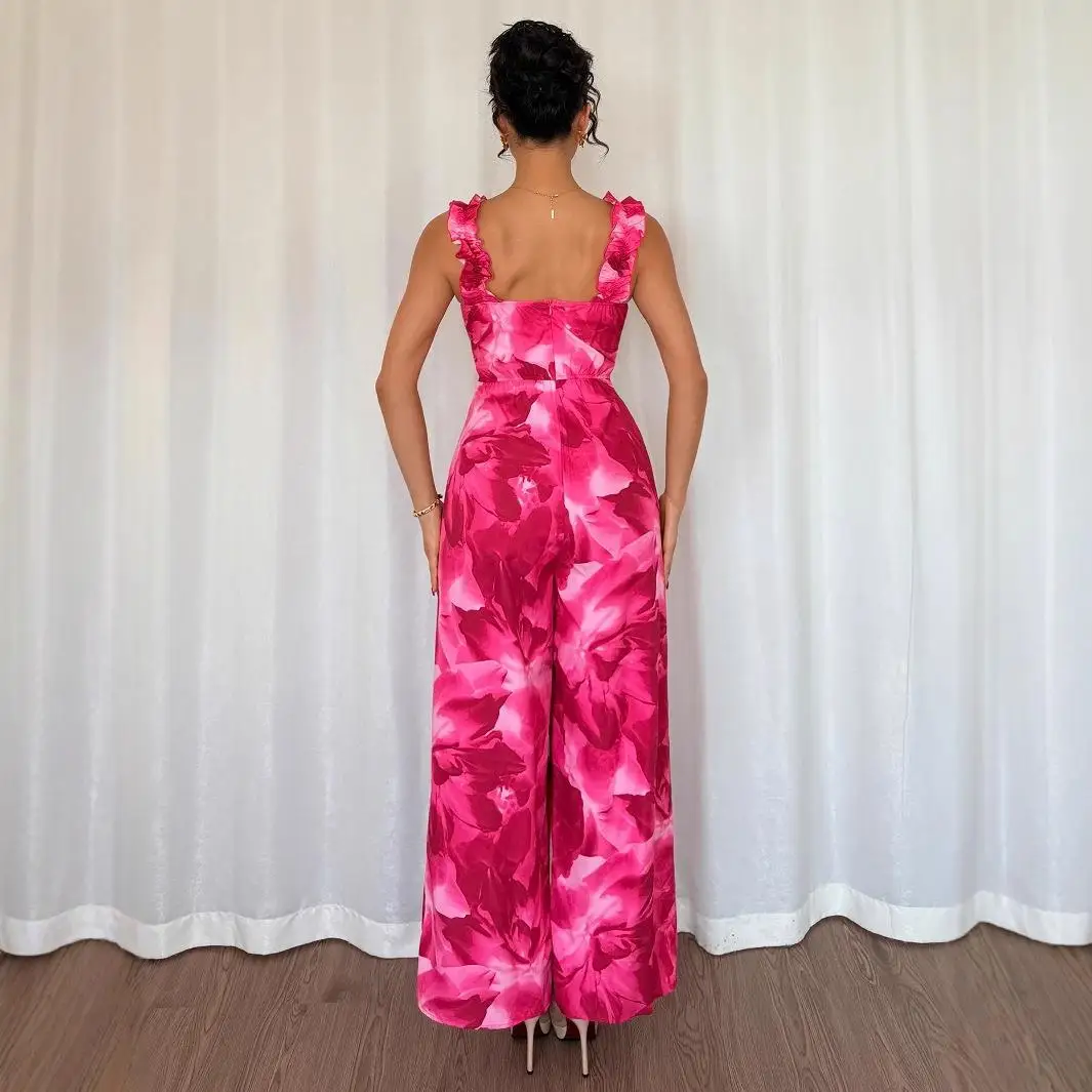 Neue hohe Taille rosa Blumendruck träger lose einteilige Rer Damen Cleanfit Sle Svel dünne Stoff Ciwalk