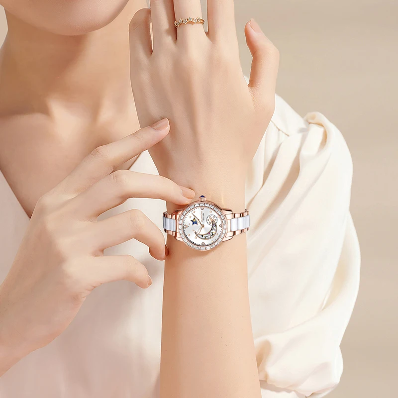 GUANQIN Women Mechanical Watch Luxury Starry Moon Series Ceramic Moonphase Sub-dial Leisure 30M Waterproof Luminous Watches