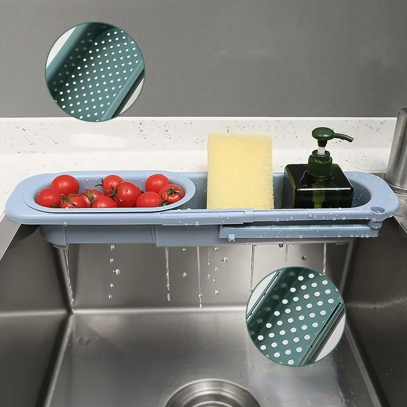 Telescopic Sink Rack Kitchen Organizer Drainer Rack Storage Basket Bag Faucet Soap Sponge Holder Adjustable Kitchen Accessories