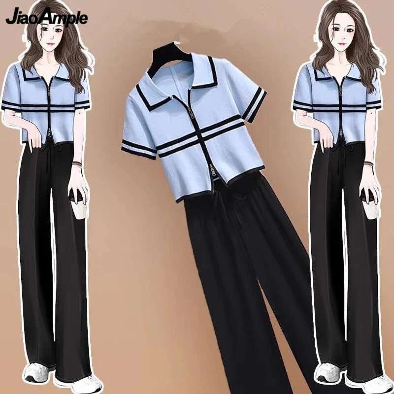 Women Summer Slim Zipper Short Sweatshirts Long Pants 1 or 2 Piece Set Korean Lady Blue Patchwork T Shirt Wide Leg Trousers Suit