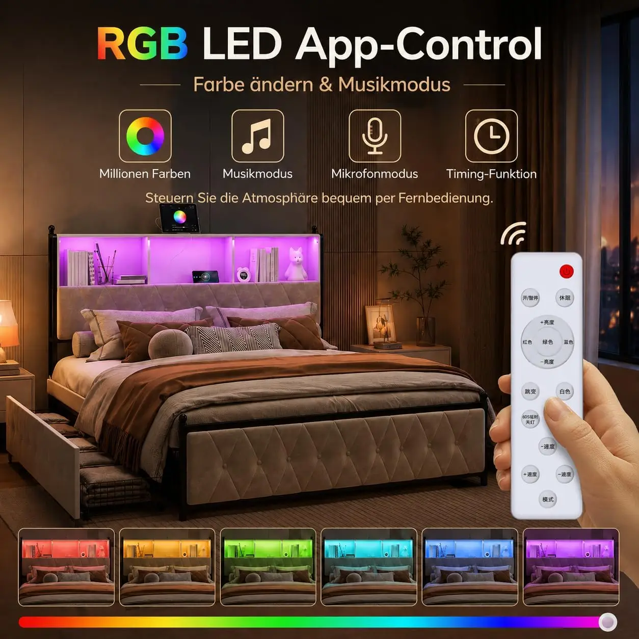 Lit rembourré 160 x 200 cm avec espace de rangement, lit double avec 4 tiroirs de rangement, lit fonctionnel, lit avec dossier et espace de rangement et sommier à lattes, lit avec rangement, sans matelas