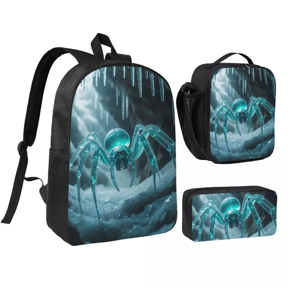 Gothic Winter Spider And Ice Cave Backpack Student BookBag School Bag Shoulder Bags 3ps Insulated Lunch Bag Pencil Case
